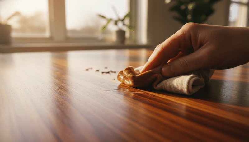 A close-up scene showcasing a wooden furniture surface, emphasizing the careful application of tea to mask scratches. In the foreground, a hand is seen gently dabbing a cloth soaked in brewed tea over a visible scratch, enhancing the texture of the wood. The middle layer features a polished wooden table with rich grains and color variations, demonstrating an effective contrast between damaged and restored areas. In the background, soft natural light filters through a nearby window, creating a warm and inviting atmosphere. The overall mood is one of tranquility and craftsmanship, highlighting a DIY approach to furniture restoration. The framing is tight to focus on the restoration process, avoiding any distracting elements. A close-up scene showcasing a wooden furniture surface, emphasizing the careful application of tea to mask scratches. In the foreground, a hand is seen gently dabbing a cloth soaked in brewed tea over a visible scratch, enhancing the texture of the wood. The middle layer features a polished wooden table with rich grains and color variations, demonstrating an effective contrast between damaged and restored areas. In the background, soft natural light filters through a nearby window, creating a warm and inviting atmosphere. The overall mood is one of tranquility and craftsmanship, highlighting a DIY approach to furniture restoration. The framing is tight to focus on the restoration process, avoiding any distracting elements.
