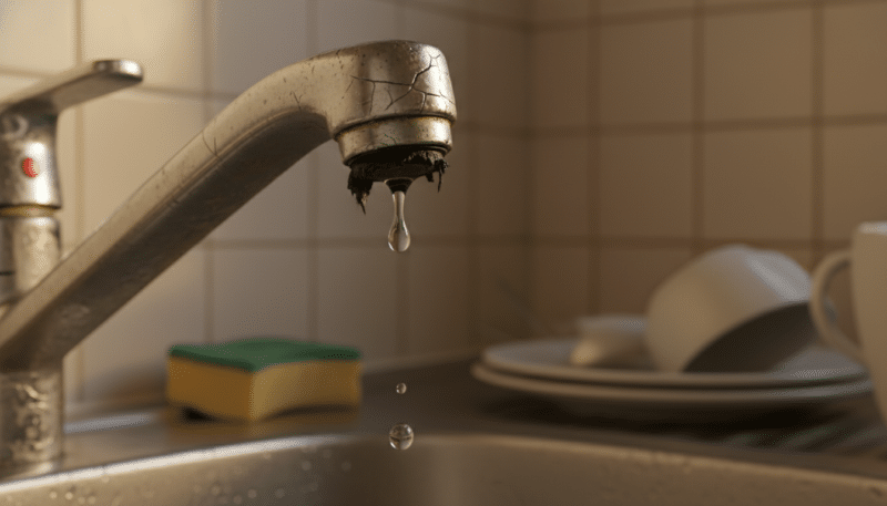 A close-up view of a damaged faucet, showcasing worn-out parts and visible leaks. In the foreground, display the faucet with a focus on the damaged rubber washer and cracked handle, highlighting the textures and details of wear. In the middle ground, include a visible water droplet trickling down, reflecting light. The background should be a softly blurred kitchen sink setting, with warm ambient lighting to create a realistic home atmosphere. Use a slightly angled perspective to emphasize the faucet's features, capturing a sense of urgency and need for repair. The mood should be informative yet relatable, illustrating the common issues faced with household plumbing. A close-up view of a damaged faucet, showcasing worn-out parts and visible leaks. In the foreground, display the faucet with a focus on the damaged rubber washer and cracked handle, highlighting the textures and details of wear. In the middle ground, include a visible water droplet trickling down, reflecting light. The background should be a softly blurred kitchen sink setting, with warm ambient lighting to create a realistic home atmosphere. Use a slightly angled perspective to emphasize the faucet's features, capturing a sense of urgency and need for repair. The mood should be informative yet relatable, illustrating the common issues faced with household plumbing.