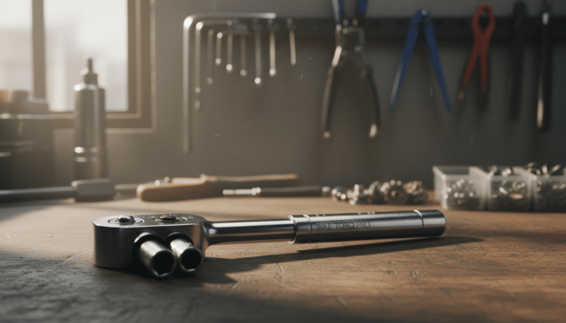 A close-up view of a moment key, meticulously detailed and positioned on a wooden workbench, highlighting its unique features such as the ratcheting mechanism and interchangeable sockets. In the foreground, soft natural light illuminates the key, casting gentle shadows that enhance its metallic sheen. The background features a neatly organized array of bicycle repair tools and spare parts, slightly blurred to emphasize the moment key as the focal point. The atmosphere is one of focus and professionalism, conveying a sense of precision and reliability essential for bike maintenance. The scene is shot with a shallow depth of field, using a 50mm lens to create an intimate and engaging presentation. A close-up view of a moment key, meticulously detailed and positioned on a wooden workbench, highlighting its unique features such as the ratcheting mechanism and interchangeable sockets. In the foreground, soft natural light illuminates the key, casting gentle shadows that enhance its metallic sheen. The background features a neatly organized array of bicycle repair tools and spare parts, slightly blurred to emphasize the moment key as the focal point. The atmosphere is one of focus and professionalism, conveying a sense of precision and reliability essential for bike maintenance. The scene is shot with a shallow depth of field, using a 50mm lens to create an intimate and engaging presentation.