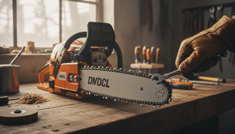 A close-up view of a professional-grade chainsaw on a wooden workbench, with its chain prominently featured. In the foreground, focus on the tensioning mechanism, depicting intricate details like adjustment screws and a rugged grip. The middle ground shows a hand, wearing a work glove, expertly adjusting the chain's tension with a wrench, emphasizing precision and care. In the background, soft natural light filters through an open workshop window, creating a warm and inviting atmosphere. Tools of the trade, such as a sharpening stone and oil can, are subtly placed on the side, underscoring the maintenance theme. The overall mood conveys diligence and professionalism in a well-organized workspace, highlighting the importance of proper chainsaw upkeep. A close-up view of a professional-grade chainsaw on a wooden workbench, with its chain prominently featured. In the foreground, focus on the tensioning mechanism, depicting intricate details like adjustment screws and a rugged grip. The middle ground shows a hand, wearing a work glove, expertly adjusting the chain's tension with a wrench, emphasizing precision and care. In the background, soft natural light filters through an open workshop window, creating a warm and inviting atmosphere. Tools of the trade, such as a sharpening stone and oil can, are subtly placed on the side, underscoring the maintenance theme. The overall mood conveys diligence and professionalism in a well-organized workspace, highlighting the importance of proper chainsaw upkeep.