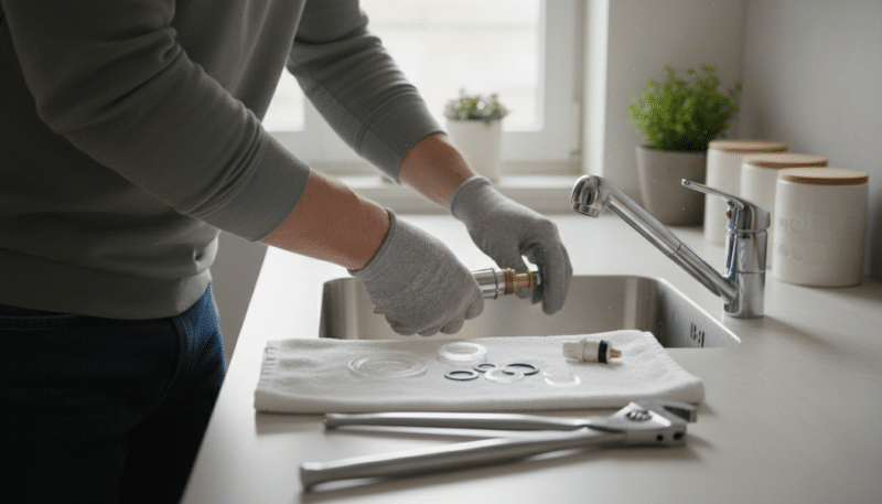 A close-up view of a professional-looking individual in modest casual clothing, skillfully replacing faucet parts in a well-lit kitchen setting. The foreground features detailed tools like a wrench and pliers, alongside faucet components like washers and cartridges. In the middle, the faucet remains partially disassembled, showcasing clear, intricate details of the mechanism. The background shows a clean, organized kitchen with soft, natural light filtering through a window, creating a cheerful and focused atmosphere. The camera angle is slightly above the work surface, allowing for a comprehensive view of the process, highlighting the precision and care involved in the replacement procedure, without any text or distractions. A close-up view of a professional-looking individual in modest casual clothing, skillfully replacing faucet parts in a well-lit kitchen setting. The foreground features detailed tools like a wrench and pliers, alongside faucet components like washers and cartridges. In the middle, the faucet remains partially disassembled, showcasing clear, intricate details of the mechanism. The background shows a clean, organized kitchen with soft, natural light filtering through a window, creating a cheerful and focused atmosphere. The camera angle is slightly above the work surface, allowing for a comprehensive view of the process, highlighting the precision and care involved in the replacement procedure, without any text or distractions.