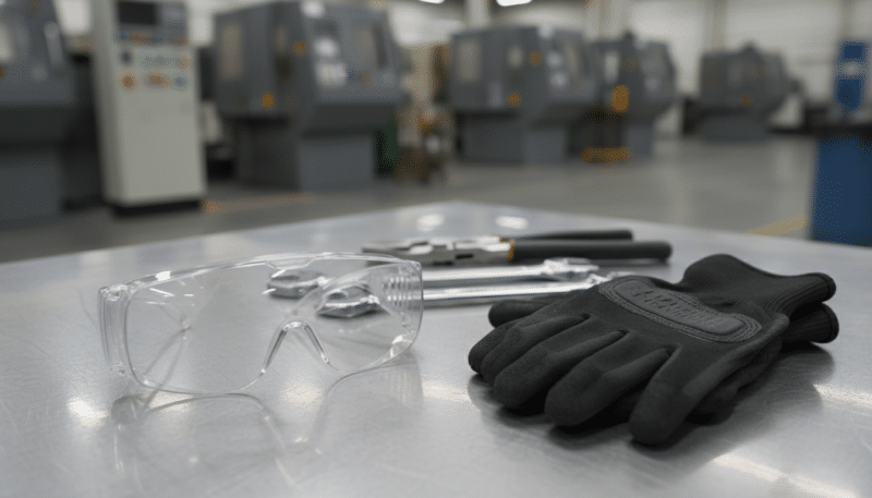 A close-up view of a selection of personal protective equipment (PPE) including safety goggles and gloves prominently displayed on a clean workbench. In the foreground, focus on high-quality goggles reflecting soft overhead lighting and durable, textured gloves arranged beside them. In the middle ground, a variety of tools like pliers and wrenches are subtly placed, hinting at their importance while emphasizing the need for protection. The background features a blurred industrial setting with faint outlines of machinery, creating an atmospheric feel of a safe workplace. The lighting is bright yet soft, highlighting the PPE's clarity and effectiveness. Convey a sense of professionalism and urgency in safety, underscoring that these items are essential for protection in any operational environment. A close-up view of a selection of personal protective equipment (PPE) including safety goggles and gloves prominently displayed on a clean workbench. In the foreground, focus on high-quality goggles reflecting soft overhead lighting and durable, textured gloves arranged beside them. In the middle ground, a variety of tools like pliers and wrenches are subtly placed, hinting at their importance while emphasizing the need for protection. The background features a blurred industrial setting with faint outlines of machinery, creating an atmospheric feel of a safe workplace. The lighting is bright yet soft, highlighting the PPE's clarity and effectiveness. Convey a sense of professionalism and urgency in safety, underscoring that these items are essential for protection in any operational environment.