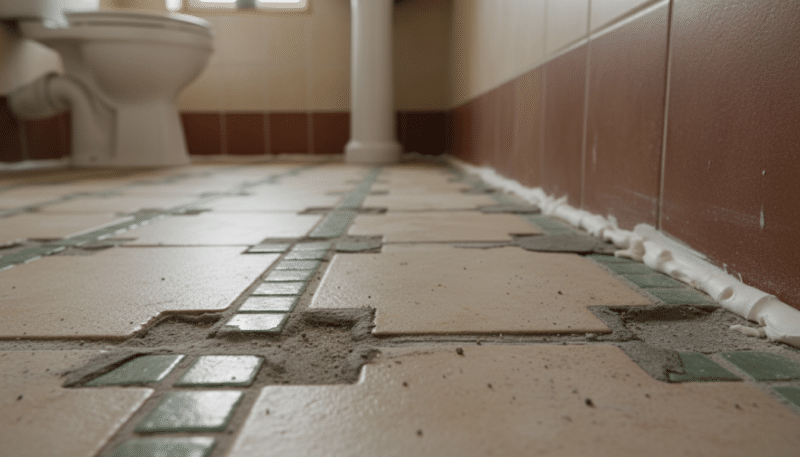 A close-up view of a tiled bathroom floor showcasing various mistakes in grouting ceramic tiles. The foreground features uneven, crumbling grout lines, with some grout missing and others overly smeared. Different tile sizes and colors create an uncoordinated look. The middle section captures the transition between the tiles and caulk, highlighting gaps and inconsistent application. Subtle water stains and dust accentuate neglect. The background includes a softly lit bathroom environment, with warm-toned lighting to enhance the details of the grout and tiles. The image is shot at a slight angle to provide depth, evoking a mood of disarray and the importance of proper tile grouting techniques. A close-up view of a tiled bathroom floor showcasing various mistakes in grouting ceramic tiles. The foreground features uneven, crumbling grout lines, with some grout missing and others overly smeared. Different tile sizes and colors create an uncoordinated look. The middle section captures the transition between the tiles and caulk, highlighting gaps and inconsistent application. Subtle water stains and dust accentuate neglect. The background includes a softly lit bathroom environment, with warm-toned lighting to enhance the details of the grout and tiles. The image is shot at a slight angle to provide depth, evoking a mood of disarray and the importance of proper tile grouting techniques.