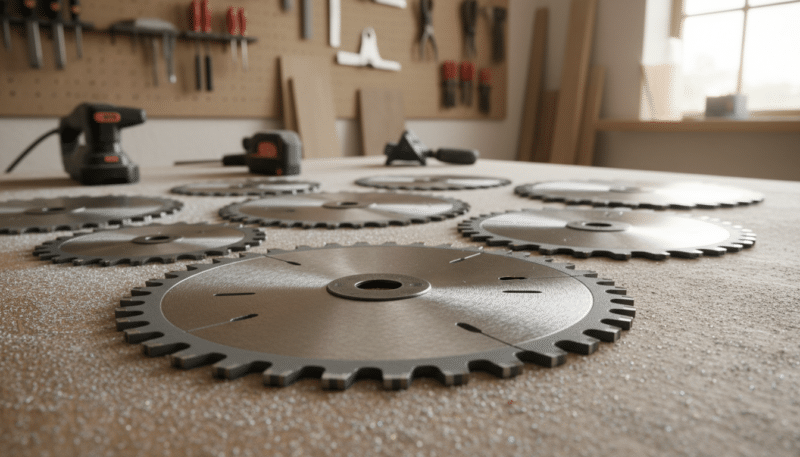 A close-up view of circular saw blades specifically designed for laminate cutting, showcasing their precision teeth and sharp edges. The foreground features a shiny, high-quality blade resting on a wooden workbench, with fine dust particles highlighting the surface. In the middle ground, an assortment of various saw blades in different sizes and configurations, with glints reflecting from their steel surfaces. The background is softly blurred, depicting a well-organized workshop filled with wood materials and tools, subtly lit by warm, ambient lighting, creating a focused yet inviting atmosphere. The angle is slightly tilted to emphasize the details of the saw blades while maintaining clarity and a professional appearance, ideal for woodworking enthusiasts. A close-up view of circular saw blades specifically designed for laminate cutting, showcasing their precision teeth and sharp edges. The foreground features a shiny, high-quality blade resting on a wooden workbench, with fine dust particles highlighting the surface. In the middle ground, an assortment of various saw blades in different sizes and configurations, with glints reflecting from their steel surfaces. The background is softly blurred, depicting a well-organized workshop filled with wood materials and tools, subtly lit by warm, ambient lighting, creating a focused yet inviting atmosphere. The angle is slightly tilted to emphasize the details of the saw blades while maintaining clarity and a professional appearance, ideal for woodworking enthusiasts.