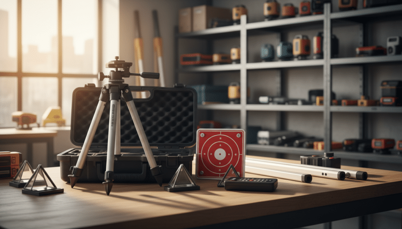 A collection of high-quality accessories for laser distance meters, prominently displayed in a well-lit workshop environment. In the foreground, a precision leveling tripod with adjustable legs, a robust carrying case, and a set of reflective prisms lie arranged neatly. In the middle, various accessories such as a laser target plate, extension poles, and an infrared remote control are showcased, detailed with intricate textures and material finishes. The background features shelves filled with more measurement tools, emphasizing a professional atmosphere. Soft, natural light filters through a window, casting gentle shadows and highlighting the details of each item, creating a sense of focus and precision in the setting. The overall mood is technical and organized, ideal for highlighting tools that enhance accuracy in measurement. A collection of high-quality accessories for laser distance meters, prominently displayed in a well-lit workshop environment. In the foreground, a precision leveling tripod with adjustable legs, a robust carrying case, and a set of reflective prisms lie arranged neatly. In the middle, various accessories such as a laser target plate, extension poles, and an infrared remote control are showcased, detailed with intricate textures and material finishes. The background features shelves filled with more measurement tools, emphasizing a professional atmosphere. Soft, natural light filters through a window, casting gentle shadows and highlighting the details of each item, creating a sense of focus and precision in the setting. The overall mood is technical and organized, ideal for highlighting tools that enhance accuracy in measurement.