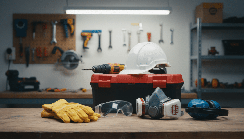 A complete set of personal protective equipment displayed in a well-lit workshop setting. In the foreground, showcase a pair of sturdy safety gloves, protective goggles, and a high-quality respirator mask arranged neatly on a wooden workbench. The middle ground features additional gear, including a hard hat and ear protection, with tools like a drill and saw in the background. Use soft, diffused lighting to enhance the safety gear's colors, creating a professional and clean atmosphere. Capture the scene from a slightly elevated angle to provide a comprehensive view of the equipment. The overall mood is serious and focused, emphasizing the importance of safety in the workplace. A complete set of personal protective equipment displayed in a well-lit workshop setting. In the foreground, showcase a pair of sturdy safety gloves, protective goggles, and a high-quality respirator mask arranged neatly on a wooden workbench. The middle ground features additional gear, including a hard hat and ear protection, with tools like a drill and saw in the background. Use soft, diffused lighting to enhance the safety gear's colors, creating a professional and clean atmosphere. Capture the scene from a slightly elevated angle to provide a comprehensive view of the equipment. The overall mood is serious and focused, emphasizing the importance of safety in the workplace.