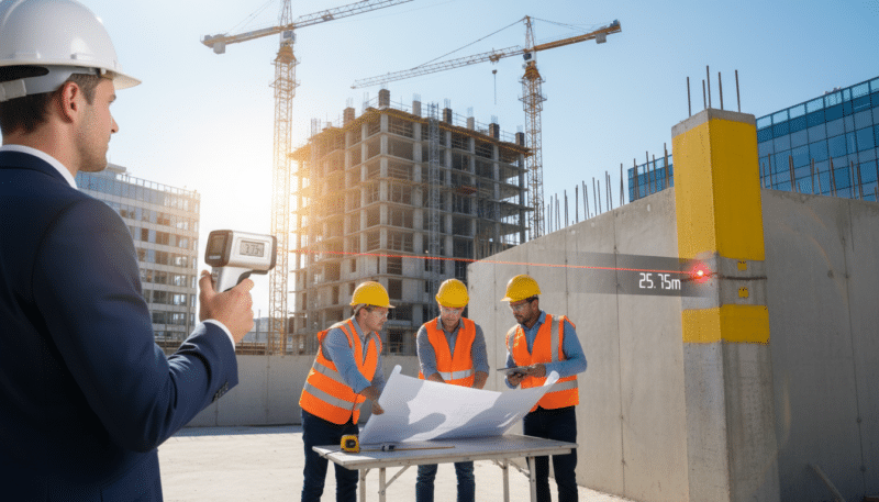 A construction site featuring a modern laser distance measurer in action, held by a professional in business attire. In the foreground, the laser device points towards a marked structure, highlighting its precise measurement capabilities. The middle ground showcases workers in safety gear, measuring and discussing plans with blueprints spread out on a nearby table, emphasizing teamwork and efficiency. In the background, tall scaffolding and cranes symbolize a bustling construction environment under a clear blue sky. The scene is well-lit, capturing the sun's rays reflecting off the tools and structures, creating a sense of productivity and innovation. The atmosphere is vibrant and focused, illustrating the practical applications of laser distance tools in construction projects. A construction site featuring a modern laser distance measurer in action, held by a professional in business attire. In the foreground, the laser device points towards a marked structure, highlighting its precise measurement capabilities. The middle ground showcases workers in safety gear, measuring and discussing plans with blueprints spread out on a nearby table, emphasizing teamwork and efficiency. In the background, tall scaffolding and cranes symbolize a bustling construction environment under a clear blue sky. The scene is well-lit, capturing the sun's rays reflecting off the tools and structures, creating a sense of productivity and innovation. The atmosphere is vibrant and focused, illustrating the practical applications of laser distance tools in construction projects.
