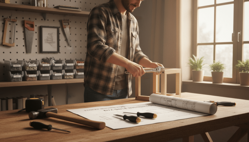A cozy, well-lit home workshop scene featuring a neatly organized basic toolkit spread out on a wooden workbench. In the foreground, various essential tools including a hammer, screwdriver, pliers, and measuring tape are artfully arranged alongside a blueprint for a small home repair project. The middle of the image shows a focused individual in modest casual clothing, demonstrating a repair technique or examining a tool, highlighting the theme of DIY repairs. The background reveals shelves filled with storage bins for screws and nails, and an open window allowing soft natural light to stream in, creating a warm and inviting atmosphere. The overall mood is encouraging and practical, inspiring a sense of empowerment in home improvement. A cozy, well-lit home workshop scene featuring a neatly organized basic toolkit spread out on a wooden workbench. In the foreground, various essential tools including a hammer, screwdriver, pliers, and measuring tape are artfully arranged alongside a blueprint for a small home repair project. The middle of the image shows a focused individual in modest casual clothing, demonstrating a repair technique or examining a tool, highlighting the theme of DIY repairs. The background reveals shelves filled with storage bins for screws and nails, and an open window allowing soft natural light to stream in, creating a warm and inviting atmosphere. The overall mood is encouraging and practical, inspiring a sense of empowerment in home improvement.