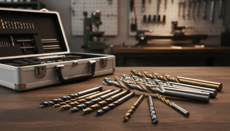 A detailed arrangement of HSS and cobalt drill bits for metal, elegantly displayed on a sleek wooden workbench. In the foreground, focus on a variety of drill bits with intricate designs, showcasing their sharp edges and points. The middle ground features a high-quality metal toolbox partially open, revealing additional drill bits and tools. In the background, a softly blurred workshop environment with subtle hints of machinery and tools accentuates the theme of craftsmanship. Warm, focused lighting highlights the shine of the drill bits, creating a professional atmosphere, while a shallow depth of field draws attention to their quality. Capture the essence of precision and reliability associated with metal drilling tools. A detailed arrangement of HSS and cobalt drill bits for metal, elegantly displayed on a sleek wooden workbench. In the foreground, focus on a variety of drill bits with intricate designs, showcasing their sharp edges and points. The middle ground features a high-quality metal toolbox partially open, revealing additional drill bits and tools. In the background, a softly blurred workshop environment with subtle hints of machinery and tools accentuates the theme of craftsmanship. Warm, focused lighting highlights the shine of the drill bits, creating a professional atmosphere, while a shallow depth of field draws attention to their quality. Capture the essence of precision and reliability associated with metal drilling tools.