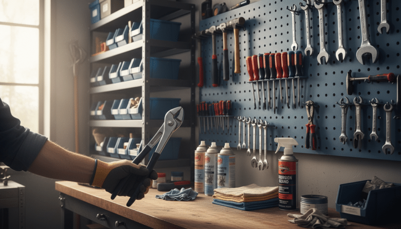 A detailed close-up image of a well-organized garage workshop featuring various tools arranged thoughtfully on a wall-mounted pegboard. In the foreground, a hand reaches for a pair of sturdy pliers, showing proper care and maintenance techniques. The middle layer includes a workbench cluttered with essential maintenance supplies like lubricants, cloths, and rust-prevention sprays. The background highlights shelves filled with neatly labeled toolboxes and spare parts. Soft, natural light filters through a window, creating a warm and inviting atmosphere. The scene conveys a sense of practicality and professionalism, embodying the essence of tool maintenance and care. A detailed close-up image of a well-organized garage workshop featuring various tools arranged thoughtfully on a wall-mounted pegboard. In the foreground, a hand reaches for a pair of sturdy pliers, showing proper care and maintenance techniques. The middle layer includes a workbench cluttered with essential maintenance supplies like lubricants, cloths, and rust-prevention sprays. The background highlights shelves filled with neatly labeled toolboxes and spare parts. Soft, natural light filters through a window, creating a warm and inviting atmosphere. The scene conveys a sense of practicality and professionalism, embodying the essence of tool maintenance and care.