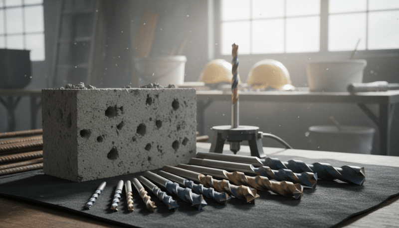 A detailed close-up image of various concrete drills, showcasing their sharp, spiral flutes designed for drilling into hard surfaces. The foreground features a variety of drills arranged neatly, highlighting their metallic textures and distinct shapes. The middle ground includes a well-worn masonry block and a small drill press, emphasizing the tools' practical application. In the background, a softly blurred workspace with construction materials and tools provides context. The scene is illuminated by bright, natural lighting streaming through a window, creating a clean and professional atmosphere. The composition should convey a sense of expertise and reliability in selecting the right drills for concrete. A detailed close-up image of various concrete drills, showcasing their sharp, spiral flutes designed for drilling into hard surfaces. The foreground features a variety of drills arranged neatly, highlighting their metallic textures and distinct shapes. The middle ground includes a well-worn masonry block and a small drill press, emphasizing the tools' practical application. In the background, a softly blurred workspace with construction materials and tools provides context. The scene is illuminated by bright, natural lighting streaming through a window, creating a clean and professional atmosphere. The composition should convey a sense of expertise and reliability in selecting the right drills for concrete.