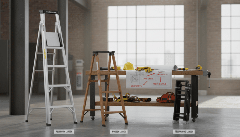A detailed comparative analysis of ladders in a professional setting. In the foreground, display three distinct types of ladders: an aluminum ladder, a wooden ladder, and a telescoping ladder, each labeled according to type. In the middle ground, position a well-organized workspace with safety gear, tools, and a blueprint emphasizing safety measures. In the background, show a bright, well-lit environment with soft, natural light pouring in from a window, highlighting the textures of the materials used in the ladders. The overall atmosphere should be informative and professional, conveying a sense of safety and careful consideration for choosing the right ladder. The composition should be captured from a slightly elevated angle, providing a comprehensive view of all elements. A detailed comparative analysis of ladders in a professional setting. In the foreground, display three distinct types of ladders: an aluminum ladder, a wooden ladder, and a telescoping ladder, each labeled according to type. In the middle ground, position a well-organized workspace with safety gear, tools, and a blueprint emphasizing safety measures. In the background, show a bright, well-lit environment with soft, natural light pouring in from a window, highlighting the textures of the materials used in the ladders. The overall atmosphere should be informative and professional, conveying a sense of safety and careful consideration for choosing the right ladder. The composition should be captured from a slightly elevated angle, providing a comprehensive view of all elements.