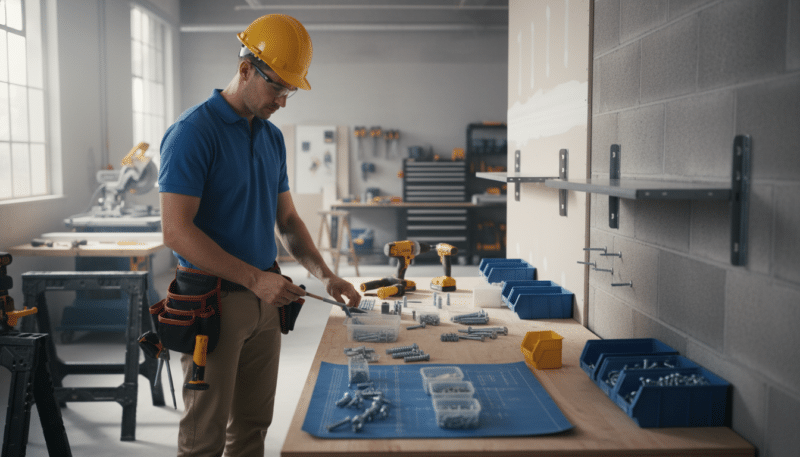A detailed construction scene showcasing the application of screws and anchors in building projects. In the foreground, a knowledgeable contractor in professional attire examines various types of screws and anchors laid out on a workbench. In the middle ground, the partially constructed wall displays different screw types being installed to support shelving, emphasizing the combination of screws and anchors appropriate for different wall materials. The background features construction equipment and tools neatly arranged within a well-lit workshop, enhancing the technical atmosphere. Soft natural lighting streams in through windows, creating a focused and industrious mood, with a shallow depth of field that draws attention to the foreground elements. A detailed construction scene showcasing the application of screws and anchors in building projects. In the foreground, a knowledgeable contractor in professional attire examines various types of screws and anchors laid out on a workbench. In the middle ground, the partially constructed wall displays different screw types being installed to support shelving, emphasizing the combination of screws and anchors appropriate for different wall materials. The background features construction equipment and tools neatly arranged within a well-lit workshop, enhancing the technical atmosphere. Soft natural lighting streams in through windows, creating a focused and industrious mood, with a shallow depth of field that draws attention to the foreground elements.