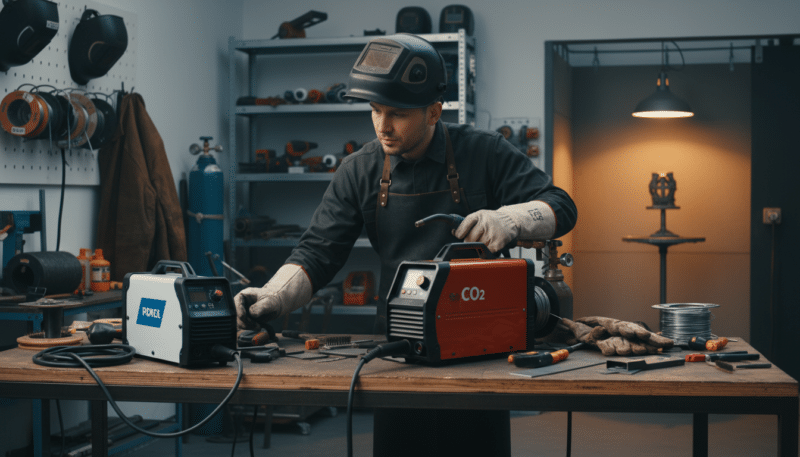 A detailed display of a welding workshop, focusing on a professional examining two different welding machines: an Inverter machine and a CO2 welder. In the foreground, the professional, dressed in a safety helmet and protective gloves, is thoughtfully comparing the two machines placed on a workbench. In the middle ground, various welding tools and materials are neatly arranged, including wires, safety equipment, and metal sheets. The background features a well-lit, organized workshop with shelves filled with welding gear and a welding booth highlighted by soft, warm lighting. The atmosphere conveys a sense of learning and decision-making, emphasizing the exploration of options for beginners in welding. The angle captures the professional’s concentration while showcasing the machines clearly. A detailed display of a welding workshop, focusing on a professional examining two different welding machines: an Inverter machine and a CO2 welder. In the foreground, the professional, dressed in a safety helmet and protective gloves, is thoughtfully comparing the two machines placed on a workbench. In the middle ground, various welding tools and materials are neatly arranged, including wires, safety equipment, and metal sheets. The background features a well-lit, organized workshop with shelves filled with welding gear and a welding booth highlighted by soft, warm lighting. The atmosphere conveys a sense of learning and decision-making, emphasizing the exploration of options for beginners in welding. The angle captures the professional’s concentration while showcasing the machines clearly.