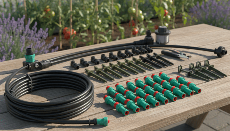 A detailed flat lay of irrigation equipment focusing on hoses and drip emitters for a garden watering system. In the foreground, display high-quality drip irrigation tubing, showcasing its flexible design, alongside vibrant green drip emitters that highlight their functionality. In the middle ground, a variety of connectors and stakes should be arranged neatly, emphasizing practicality and ease of installation. The background should feature a blurred garden setting with healthy plants, symbolizing growth and thriving vegetation nurtured by this system. The lighting should be bright and natural, simulating a sunny day, casting soft shadows to enhance depth. Use a shallow depth of field to keep the focus on the equipment, creating a professional and informative atmosphere. A detailed flat lay of irrigation equipment focusing on hoses and drip emitters for a garden watering system. In the foreground, display high-quality drip irrigation tubing, showcasing its flexible design, alongside vibrant green drip emitters that highlight their functionality. In the middle ground, a variety of connectors and stakes should be arranged neatly, emphasizing practicality and ease of installation. The background should feature a blurred garden setting with healthy plants, symbolizing growth and thriving vegetation nurtured by this system. The lighting should be bright and natural, simulating a sunny day, casting soft shadows to enhance depth. Use a shallow depth of field to keep the focus on the equipment, creating a professional and informative atmosphere.