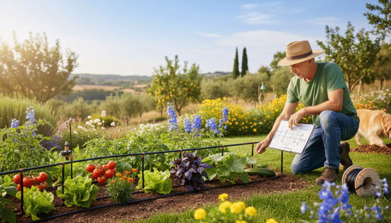 A detailed garden layout illustrating the planning of a drip irrigation system. In the foreground, a well-organized garden bed with vibrant vegetables and flowers is depicted, with a clear layout of irrigation tubes and emitters visibly arranged. In the middle ground, a knowledgeable gardener, wearing modest casual attire, carefully inspects the soil and plans the installation, using a clipboard with a layout diagram. The background features lush greenery, trees, and a bright blue sky, creating a feeling of openness and productivity. Soft, natural lighting enhances the colors and textures of the garden, while a shallow depth of field focuses attention on the gardener and the irrigation system, conveying a sense of purpose and optimism in sustainable gardening practices. A detailed garden layout illustrating the planning of a drip irrigation system. In the foreground, a well-organized garden bed with vibrant vegetables and flowers is depicted, with a clear layout of irrigation tubes and emitters visibly arranged. In the middle ground, a knowledgeable gardener, wearing modest casual attire, carefully inspects the soil and plans the installation, using a clipboard with a layout diagram. The background features lush greenery, trees, and a bright blue sky, creating a feeling of openness and productivity. Soft, natural lighting enhances the colors and textures of the garden, while a shallow depth of field focuses attention on the gardener and the irrigation system, conveying a sense of purpose and optimism in sustainable gardening practices.