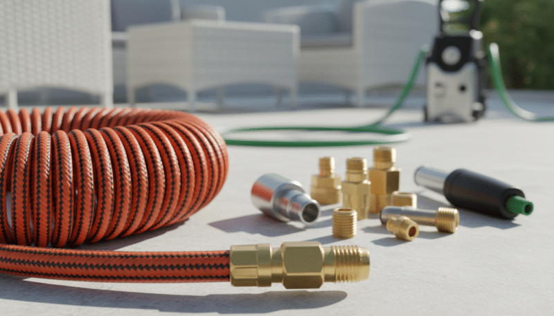 A detailed, high-quality image of a pressure washer extension hose, showcasing its compatibility with various connectors. The foreground features a coiled extension hose with vibrant colors, textured details, and a universal connector visibly attached. In the middle, a range of compatible attachments and fittings, such as quick connect and threaded connectors, is arranged neatly against a smooth surface. The background should be set in a clean, well-lit outdoor environment, hinting at a pressure washing scenario, perhaps with blurred hints of patio furniture or garden tools. The lighting is bright and natural, creating an inviting atmosphere. The angle of the shot captures all elements clearly, focusing on the functionality and versatility of the hose system without any distractions. A detailed, high-quality image of a pressure washer extension hose, showcasing its compatibility with various connectors. The foreground features a coiled extension hose with vibrant colors, textured details, and a universal connector visibly attached. In the middle, a range of compatible attachments and fittings, such as quick connect and threaded connectors, is arranged neatly against a smooth surface. The background should be set in a clean, well-lit outdoor environment, hinting at a pressure washing scenario, perhaps with blurred hints of patio furniture or garden tools. The lighting is bright and natural, creating an inviting atmosphere. The angle of the shot captures all elements clearly, focusing on the functionality and versatility of the hose system without any distractions.