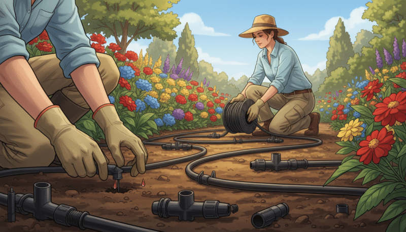 A detailed illustration of a drip irrigation system installation in a vibrant garden setting. In the foreground, several drip emitters are shown being installed into the soil, with a close-up of the connectors and tubing. The middle ground features a well-maintained flower bed with colorful plants, while a person in professional casual attire kneels nearby, methodically setting up the irrigation lines. In the background, lush green trees and a sunny blue sky create a serene atmosphere. Soft sunlight bathes the scene, casting gentle shadows. The angle captures the intricate details of the system and the gardening process, emphasizing the precision and care involved in setting up efficient irrigation. A detailed illustration of a drip irrigation system installation in a vibrant garden setting. In the foreground, several drip emitters are shown being installed into the soil, with a close-up of the connectors and tubing. The middle ground features a well-maintained flower bed with colorful plants, while a person in professional casual attire kneels nearby, methodically setting up the irrigation lines. In the background, lush green trees and a sunny blue sky create a serene atmosphere. Soft sunlight bathes the scene, casting gentle shadows. The angle captures the intricate details of the system and the gardening process, emphasizing the precision and care involved in setting up efficient irrigation.