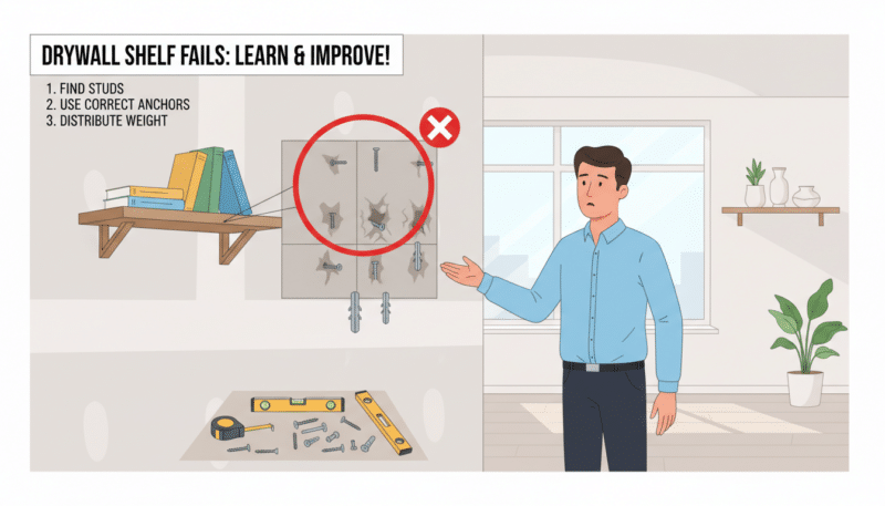 A detailed illustration of common mistakes made when mounting shelves on drywall. In the foreground, a professional looking person in smart casual clothing is inspecting a poorly mounted shelf, showing visible concern. The middle ground displays a close-up view of a drywall with incorrect screw placements and damaged areas, highlighting the errors. Tools like a level, screwdrivers, and anchors are arranged nearby. In the background, a well-lit, modern living room setting emphasizes the importance of proper installation. The lighting is soft and natural, suggesting a bright, comfortable atmosphere. The overall mood conveys a sense of learning and improvement, illustrating how to avoid these typical pitfalls in a clear and engaging manner. A detailed illustration of common mistakes made when mounting shelves on drywall. In the foreground, a professional looking person in smart casual clothing is inspecting a poorly mounted shelf, showing visible concern. The middle ground displays a close-up view of a drywall with incorrect screw placements and damaged areas, highlighting the errors. Tools like a level, screwdrivers, and anchors are arranged nearby. In the background, a well-lit, modern living room setting emphasizes the importance of proper installation. The lighting is soft and natural, suggesting a bright, comfortable atmosphere. The overall mood conveys a sense of learning and improvement, illustrating how to avoid these typical pitfalls in a clear and engaging manner.