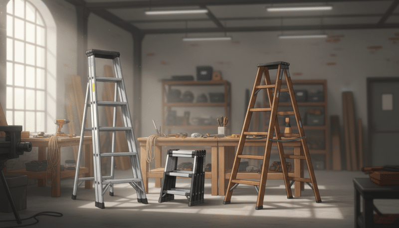 A detailed illustration showcasing various types of ladders, including aluminum, wooden, and telescopic designs, set in an open workshop environment. In the foreground, feature a sturdy aluminum ladder with shining metallic surfaces, alongside a rustic wooden ladder with rich textures. Include a telescopic ladder partially extended for contrast. In the middle ground, workbenches and tools can be seen to contextualize the setting, with soft natural light illuminating the scene from a nearby window. The background consists of a blurred, industrial-style workshop, enhancing the focus on the ladders. The overall atmosphere should be one of safety and professionalism, with a clean and organized aesthetic, ideal for conveying the importance of choosing the right ladder type. A detailed illustration showcasing various types of ladders, including aluminum, wooden, and telescopic designs, set in an open workshop environment. In the foreground, feature a sturdy aluminum ladder with shining metallic surfaces, alongside a rustic wooden ladder with rich textures. Include a telescopic ladder partially extended for contrast. In the middle ground, workbenches and tools can be seen to contextualize the setting, with soft natural light illuminating the scene from a nearby window. The background consists of a blurred, industrial-style workshop, enhancing the focus on the ladders. The overall atmosphere should be one of safety and professionalism, with a clean and organized aesthetic, ideal for conveying the importance of choosing the right ladder type.