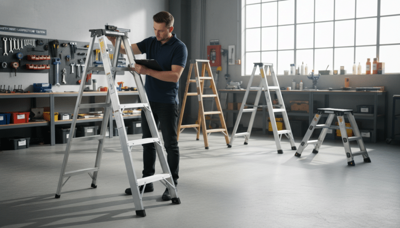 A detailed inspection of a sturdy aluminum ladder, emphasizing its load-bearing capacity and maintenance aspects. In the foreground, a professional technician in smart casual attire is examining the ladder, using a measuring tool to assess its structural integrity. The middle ground showcases various ladders, including wooden and telescopic options, neatly arranged for comparison. In the background, a well-lit workshop environment with tools and maintenance equipment enhances the setting. Natural light streams through large windows, creating an inviting atmosphere. The perspective should be slightly elevated, providing a comprehensive view of both the ladders and the technician's careful examination. The overall mood is focused and informative, illustrating safety and reliability in ladder selection and upkeep. A detailed inspection of a sturdy aluminum ladder, emphasizing its load-bearing capacity and maintenance aspects. In the foreground, a professional technician in smart casual attire is examining the ladder, using a measuring tool to assess its structural integrity. The middle ground showcases various ladders, including wooden and telescopic options, neatly arranged for comparison. In the background, a well-lit workshop environment with tools and maintenance equipment enhances the setting. Natural light streams through large windows, creating an inviting atmosphere. The perspective should be slightly elevated, providing a comprehensive view of both the ladders and the technician's careful examination. The overall mood is focused and informative, illustrating safety and reliability in ladder selection and upkeep.