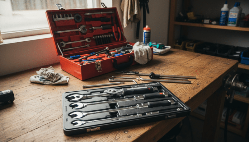 A detailed moment wrench set on a wooden workbench, showcasing a variety of sizes and types, with a focus on a high-quality torque wrench. The background features a well-organized toolbox filled with bicycle repair tools, emphasizing the idea of precision and safety during bike maintenance. Soft, natural lighting filters in from a nearby window, casting gentle shadows and highlighting the metallic sheen of the tools. The overall atmosphere is one of professionalism, suggesting a carefully curated workspace dedicated to bicycle repair. Angle the scene slightly from above to capture the tools' details and surroundings, inviting the viewer to appreciate the importance of using the right tools for effective and safe bicycle maintenance. A detailed moment wrench set on a wooden workbench, showcasing a variety of sizes and types, with a focus on a high-quality torque wrench. The background features a well-organized toolbox filled with bicycle repair tools, emphasizing the idea of precision and safety during bike maintenance. Soft, natural lighting filters in from a nearby window, casting gentle shadows and highlighting the metallic sheen of the tools. The overall atmosphere is one of professionalism, suggesting a carefully curated workspace dedicated to bicycle repair. Angle the scene slightly from above to capture the tools' details and surroundings, inviting the viewer to appreciate the importance of using the right tools for effective and safe bicycle maintenance.