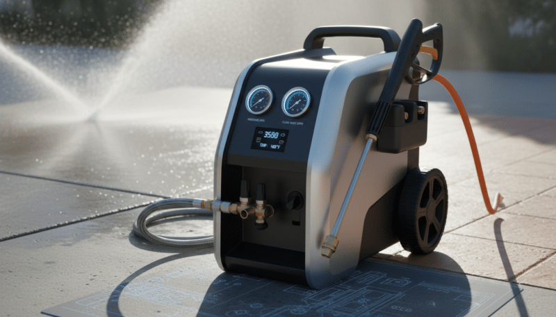 A detailed technical specification illustration of a high-performance pressure washer. In the foreground, showcase the pressure washer itself, emphasizing its sleek, modern design with visible gauges displaying pressure levels in PSI and flow rate in GPM. In the middle ground, provide a blurred background of various cleaning surfaces, like a concrete driveway and patio tiles, showing water spray in action to highlight effectiveness. The lighting should be bright and natural, suggesting an outdoor setting, with the sun shining from one side to create dynamic shadows. An angled perspective, focusing on the pressure washer, conveys the power and efficiency of the machine, evoking a professional and efficient mood suitable for technical analysis. A detailed technical specification illustration of a high-performance pressure washer. In the foreground, showcase the pressure washer itself, emphasizing its sleek, modern design with visible gauges displaying pressure levels in PSI and flow rate in GPM. In the middle ground, provide a blurred background of various cleaning surfaces, like a concrete driveway and patio tiles, showing water spray in action to highlight effectiveness. The lighting should be bright and natural, suggesting an outdoor setting, with the sun shining from one side to create dynamic shadows. An angled perspective, focusing on the pressure washer, conveys the power and efficiency of the machine, evoking a professional and efficient mood suitable for technical analysis.
