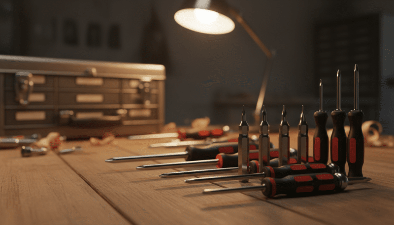 A detailed visualization of various special types of screwdrivers displayed artistically on a workbench. In the foreground, showcase a selection of precision screwdrivers, with distinct heads such as PH (Phillips), PZ (Pozidriv), and Torx, each positioned upright to highlight their unique shapes. The middle layer features a close-up of the screwdrivers' tips, with reflections capturing their polished metal surfaces and intricate designs. The background should be a softly blurred workshop setting, filled with toolboxes, a work light casting gentle illumination, and wooden textures enhancing the atmosphere of craftsmanship. Aim for warm, inviting lighting to create a professional yet approachable mood, emphasizing the importance of these tools in practical applications. A detailed visualization of various special types of screwdrivers displayed artistically on a workbench. In the foreground, showcase a selection of precision screwdrivers, with distinct heads such as PH (Phillips), PZ (Pozidriv), and Torx, each positioned upright to highlight their unique shapes. The middle layer features a close-up of the screwdrivers' tips, with reflections capturing their polished metal surfaces and intricate designs. The background should be a softly blurred workshop setting, filled with toolboxes, a work light casting gentle illumination, and wooden textures enhancing the atmosphere of craftsmanship. Aim for warm, inviting lighting to create a professional yet approachable mood, emphasizing the importance of these tools in practical applications.