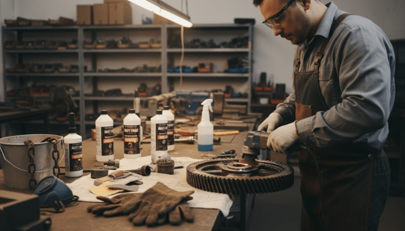 A detailed workshop scene showcasing various rust removal methods for metal surfaces. In the foreground, a professional in a clean, modest work outfit is demonstrating the use of a wire brush on a corroded metal object, showing clear action and focus. In the middle ground, a variety of tools and materials are neatly displayed, including sandpaper, rust remover liquids, and protective gear, highlighting different techniques. The background features shelves filled with metal products and tools, illuminated by bright workshop lights that create a vibrant and industrious atmosphere. Use a shallow depth of field to focus on the foreground action, with a slightly blurred background to emphasize the main subject. The overall mood should convey a sense of professionalism, craftsmanship, and attention to detail. A detailed workshop scene showcasing various rust removal methods for metal surfaces. In the foreground, a professional in a clean, modest work outfit is demonstrating the use of a wire brush on a corroded metal object, showing clear action and focus. In the middle ground, a variety of tools and materials are neatly displayed, including sandpaper, rust remover liquids, and protective gear, highlighting different techniques. The background features shelves filled with metal products and tools, illuminated by bright workshop lights that create a vibrant and industrious atmosphere. Use a shallow depth of field to focus on the foreground action, with a slightly blurred background to emphasize the main subject. The overall mood should convey a sense of professionalism, craftsmanship, and attention to detail.