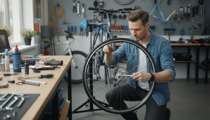 A dynamic scene showcasing a bicycle repair moment focusing on the practical demonstration of using a moment key. In the foreground, a skilled mechanic, dressed in smart casual attire, is intently working on a bicycle’s wheel, with a moment key prominently featured in hand. The mechanic's tools are neatly arranged on a nearby workbench, highlighting a clean and organized workshop environment. In the middle ground, a well-lit bicycle repair station surrounded by various tools, with muted colors creating a professional atmosphere. The background subtly includes bike parts and a wall filled with tool hangers, emphasizing the repair context. The lighting is bright yet soft, capturing the focused determination and technical skill involved in bicycle maintenance. The angle is slightly elevated, giving a comprehensive view of the action while maintaining prominence on the moment key being utilized. A dynamic scene showcasing a bicycle repair moment focusing on the practical demonstration of using a moment key. In the foreground, a skilled mechanic, dressed in smart casual attire, is intently working on a bicycle’s wheel, with a moment key prominently featured in hand. The mechanic's tools are neatly arranged on a nearby workbench, highlighting a clean and organized workshop environment. In the middle ground, a well-lit bicycle repair station surrounded by various tools, with muted colors creating a professional atmosphere. The background subtly includes bike parts and a wall filled with tool hangers, emphasizing the repair context. The lighting is bright yet soft, capturing the focused determination and technical skill involved in bicycle maintenance. The angle is slightly elevated, giving a comprehensive view of the action while maintaining prominence on the moment key being utilized.