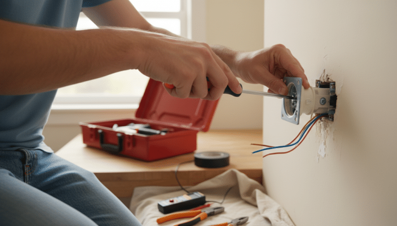 A focused and well-lit interior scene showing an electrician in modest casual clothing diligently dismantling an old electrical outlet from the wall. The foreground features a close-up view of the electrician's hands using a screwdriver to remove the socket cover, with small electrical tools like pliers and a voltage tester placed neatly nearby. In the middle ground, the wall reveals exposed wiring and screws, emphasizing the task at hand. The background subtly displays a partially open toolbox and a roll of electrical tape on a table, contributing to the DIY atmosphere. Soft, natural lighting illuminates the space, creating a warm and inviting mood, ideal for a beginner's guide on home improvement. A focused and well-lit interior scene showing an electrician in modest casual clothing diligently dismantling an old electrical outlet from the wall. The foreground features a close-up view of the electrician's hands using a screwdriver to remove the socket cover, with small electrical tools like pliers and a voltage tester placed neatly nearby. In the middle ground, the wall reveals exposed wiring and screws, emphasizing the task at hand. The background subtly displays a partially open toolbox and a roll of electrical tape on a table, contributing to the DIY atmosphere. Soft, natural lighting illuminates the space, creating a warm and inviting mood, ideal for a beginner's guide on home improvement.