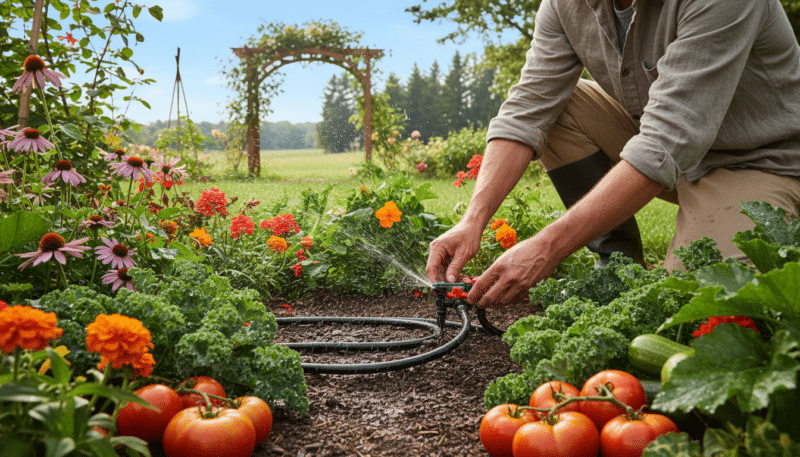 A gardener in a modest outfit adjusts a drip irrigation system in a lush backyard garden, focusing on the valves and tubing. In the foreground, a colorful array of blooming flowers and healthy vegetable plants showcase the effectiveness of the irrigation. The middle ground reveals the intricately laid hoses, glistening with water droplets. In the background, a clear blue sky and distant trees provide a serene atmosphere. Soft sunlight filters through the leaves, casting gentle shadows on the ground. The angle captures the gardener’s hands delicately handling the system, emphasizing attention to detail and care in maintenance. The overall mood is calm and productive, promoting the idea of self-sufficient gardening. A gardener in a modest outfit adjusts a drip irrigation system in a lush backyard garden, focusing on the valves and tubing. In the foreground, a colorful array of blooming flowers and healthy vegetable plants showcase the effectiveness of the irrigation. The middle ground reveals the intricately laid hoses, glistening with water droplets. In the background, a clear blue sky and distant trees provide a serene atmosphere. Soft sunlight filters through the leaves, casting gentle shadows on the ground. The angle captures the gardener’s hands delicately handling the system, emphasizing attention to detail and care in maintenance. The overall mood is calm and productive, promoting the idea of self-sufficient gardening.