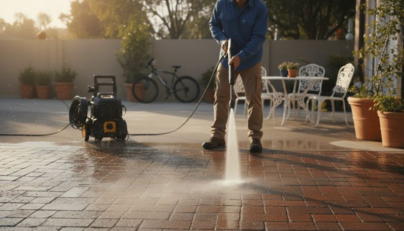 A high-performance pressure washer in action, surrounded by various surfaces being cleaned. In the foreground, the shiny nozzle of the pressure washer is aimed at a stubborn stain on a brick patio, with water droplets in mid-air catching the sunlight, creating a sparkling effect. In the middle ground, a professional in modest casual attire is holding the pressure washer, showcasing focused determination. The background features a clean driveway and a variety of outdoor items, such as garden furniture and a bike, demonstrating the versatility of the washer. The scene is illuminated by soft, natural sunlight, casting gentle shadows, evoking a mood of efficiency and satisfaction as the washer enhances not just performance, but also longevity. A high-performance pressure washer in action, surrounded by various surfaces being cleaned. In the foreground, the shiny nozzle of the pressure washer is aimed at a stubborn stain on a brick patio, with water droplets in mid-air catching the sunlight, creating a sparkling effect. In the middle ground, a professional in modest casual attire is holding the pressure washer, showcasing focused determination. The background features a clean driveway and a variety of outdoor items, such as garden furniture and a bike, demonstrating the versatility of the washer. The scene is illuminated by soft, natural sunlight, casting gentle shadows, evoking a mood of efficiency and satisfaction as the washer enhances not just performance, but also longevity.