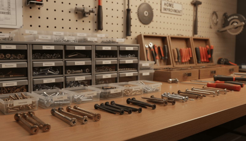 A meticulously organized workspace showcasing various screws and fasteners in transparent labeled containers, displayed on a polished wooden workbench. In the foreground, a close-up of several types of screws, such as wood screws, drywall screws, and machine screws, each neatly arranged and illuminated by soft, warm lighting, creating a cozy atmosphere. In the middle ground, a grid of storage drawers and toolboxes, showcasing additional supplies and relevant tools, with a light focus on their textures. The background features a wall-mounted pegboard displaying tools and a few decorative elements related to home improvement. The overall mood conveys professionalism, orderliness, and a sense of readiness for any project. A meticulously organized workspace showcasing various screws and fasteners in transparent labeled containers, displayed on a polished wooden workbench. In the foreground, a close-up of several types of screws, such as wood screws, drywall screws, and machine screws, each neatly arranged and illuminated by soft, warm lighting, creating a cozy atmosphere. In the middle ground, a grid of storage drawers and toolboxes, showcasing additional supplies and relevant tools, with a light focus on their textures. The background features a wall-mounted pegboard displaying tools and a few decorative elements related to home improvement. The overall mood conveys professionalism, orderliness, and a sense of readiness for any project.