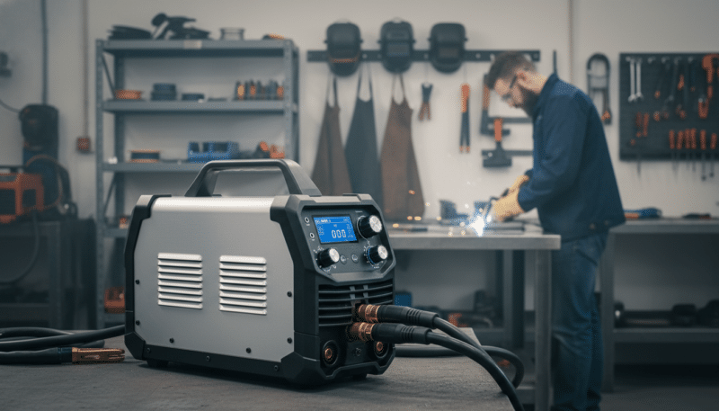 A modern inverter welding machine showcased prominently in the foreground, featuring a sleek, industrial design with a digital display and detailed control knobs. The machine is set against a workshop backdrop filled with various welding tools and equipment, creating an organized yet busy atmosphere. Soft, diffused lighting illuminates the scene, highlighting the machine's metallic surfaces and adding a hint of warmth. In the middle ground, a professional welder in modest, casual work attire is demonstrating the inverter's use, focused on a metal workpiece. The background includes a blurred view of welding masks, safety gear, and tools, emphasizing the practical setting of welding. The overall mood is one of competence and technical sophistication, reflecting the efficiency and advanced technology of inverter welding machines. A modern inverter welding machine showcased prominently in the foreground, featuring a sleek, industrial design with a digital display and detailed control knobs. The machine is set against a workshop backdrop filled with various welding tools and equipment, creating an organized yet busy atmosphere. Soft, diffused lighting illuminates the scene, highlighting the machine's metallic surfaces and adding a hint of warmth. In the middle ground, a professional welder in modest, casual work attire is demonstrating the inverter's use, focused on a metal workpiece. The background includes a blurred view of welding masks, safety gear, and tools, emphasizing the practical setting of welding. The overall mood is one of competence and technical sophistication, reflecting the efficiency and advanced technology of inverter welding machines.