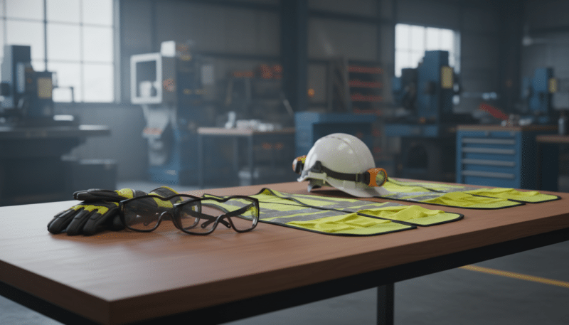 A modern workspace showcasing high-quality personal protective equipment (PPE) arranged on a polished wooden table. In the foreground, prominently display a pair of protective goggles and durable work gloves, each with intricate details like reinforced materials and ergonomic design. The middle layer features a variety of advanced safety gear, including a hard hat and reflective vests, intricately designed to highlight their innovative features. The background is softly blurred, showing a well-lit industrial environment with machinery and tools, emphasizing the importance of safety in a working context. Use natural lighting to create a warm and professional atmosphere, with a focus on clarity and a slight depth of field to draw attention to the PPE. The overall mood is one of safety, professionalism, and modern technology in protective gear. A modern workspace showcasing high-quality personal protective equipment (PPE) arranged on a polished wooden table. In the foreground, prominently display a pair of protective goggles and durable work gloves, each with intricate details like reinforced materials and ergonomic design. The middle layer features a variety of advanced safety gear, including a hard hat and reflective vests, intricately designed to highlight their innovative features. The background is softly blurred, showing a well-lit industrial environment with machinery and tools, emphasizing the importance of safety in a working context. Use natural lighting to create a warm and professional atmosphere, with a focus on clarity and a slight depth of field to draw attention to the PPE. The overall mood is one of safety, professionalism, and modern technology in protective gear.