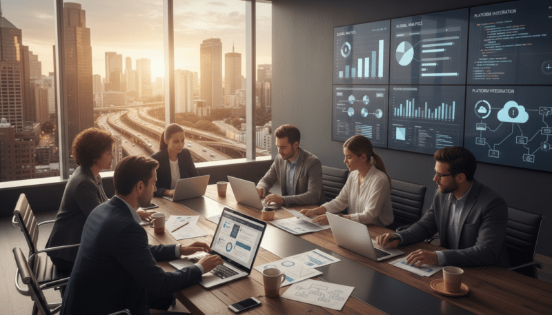 A modern workspace showcasing the development of an online business. In the foreground, a diverse group of professionals, dressed in smart casual attire, collaborate around a sleek conference table filled with laptops, digital tablets, and charts on paper. In the middle ground, a large window reveals a bustling cityscape, symbolizing growth and opportunity. The background features a wall adorned with digital screens displaying analytics and infographics related to online tools. Soft, natural light floods the room, creating a bright and inspiring atmosphere. The scene conveys a sense of innovation and teamwork, ideal for illustrating the theme of using modern tools for business development. A modern workspace showcasing the development of an online business. In the foreground, a diverse group of professionals, dressed in smart casual attire, collaborate around a sleek conference table filled with laptops, digital tablets, and charts on paper. In the middle ground, a large window reveals a bustling cityscape, symbolizing growth and opportunity. The background features a wall adorned with digital screens displaying analytics and infographics related to online tools. Soft, natural light floods the room, creating a bright and inspiring atmosphere. The scene conveys a sense of innovation and teamwork, ideal for illustrating the theme of using modern tools for business development.