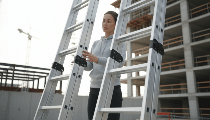 A pair of fully extended telescopic ladders set against a modern, industrial backdrop. The foreground features the ladders in sharp focus, showcasing their sleek aluminum construction and adjustable features. In the middle ground, a professional-looking individual in modest casual clothing inspects the ladders, demonstrating their flexibility and adaptability. The background includes a blurred construction site, hinting at their practical use in various environments. The scene is illuminated by soft, natural daylight, creating a bright and inviting atmosphere. The composition is taken from a slightly low angle, emphasizing the height and functionality of the telescopic ladders, while ensuring a clear view of the subject without any distractions. A pair of fully extended telescopic ladders set against a modern, industrial backdrop. The foreground features the ladders in sharp focus, showcasing their sleek aluminum construction and adjustable features. In the middle ground, a professional-looking individual in modest casual clothing inspects the ladders, demonstrating their flexibility and adaptability. The background includes a blurred construction site, hinting at their practical use in various environments. The scene is illuminated by soft, natural daylight, creating a bright and inviting atmosphere. The composition is taken from a slightly low angle, emphasizing the height and functionality of the telescopic ladders, while ensuring a clear view of the subject without any distractions.