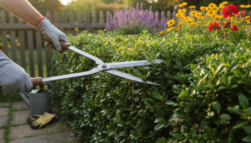 A pair of hands using manual hedge shears, meticulously trimming a vibrant green living fence made of neatly pruned shrubs. The scene is set in a tranquil garden, with the lush foliage of the hedge in the foreground, showcasing fresh green leaves glistening in soft sunlight. In the middle ground, colorful flowering plants add diversity and charm, while a wooden fence and hints of garden tools are visible in the background. The lighting is gentle and warm, creating a serene and inviting atmosphere. The focus is sharp on the hands and shears, with a shallow depth of field that subtly blurs the background, emphasizing the act of caring for the living hedge. A pair of hands using manual hedge shears, meticulously trimming a vibrant green living fence made of neatly pruned shrubs. The scene is set in a tranquil garden, with the lush foliage of the hedge in the foreground, showcasing fresh green leaves glistening in soft sunlight. In the middle ground, colorful flowering plants add diversity and charm, while a wooden fence and hints of garden tools are visible in the background. The lighting is gentle and warm, creating a serene and inviting atmosphere. The focus is sharp on the hands and shears, with a shallow depth of field that subtly blurs the background, emphasizing the act of caring for the living hedge.
