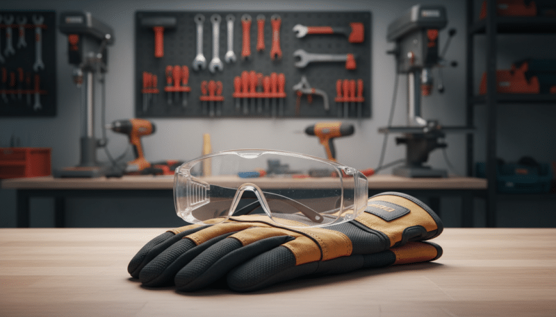 A pair of safety glasses and gloves prominently displayed in the foreground, with a soft-focus background of a well-organized workshop filled with tools and machinery, illustrating a safe working environment. The glasses should have a clear lens and anti-fog coating, while the gloves are durable and flexible, showcasing their importance in protective gear. The lighting is bright and even, casting a warm glow on the safety equipment to highlight their features. The angle is slightly above eye level, giving a perspective that emphasizes the readiness for work. The overall mood is professional and serious, focusing on the essential nature of protective gear in the workplace. No text or branding included. A pair of safety glasses and gloves prominently displayed in the foreground, with a soft-focus background of a well-organized workshop filled with tools and machinery, illustrating a safe working environment. The glasses should have a clear lens and anti-fog coating, while the gloves are durable and flexible, showcasing their importance in protective gear. The lighting is bright and even, casting a warm glow on the safety equipment to highlight their features. The angle is slightly above eye level, giving a perspective that emphasizes the readiness for work. The overall mood is professional and serious, focusing on the essential nature of protective gear in the workplace. No text or branding included.