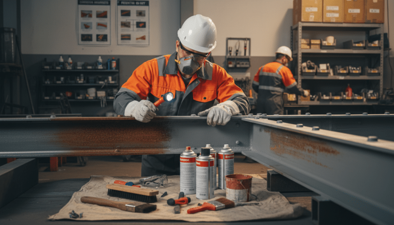 A professional maintenance technician in safety gear, including gloves and a helmet, is inspecting a metal structure for corrosion prevention. The foreground features tools commonly used for corrosion treatment, such as a wire brush and protective coatings. In the middle ground, display a partially rusted metal surface being treated with a protective primer. The background reveals a workshop environment with shelves of maintenance supplies and posters illustrating corrosion awareness. Soft, focused lighting highlights the technician's diligent work, creating a serious yet hopeful atmosphere. Use a slight depth of field to draw attention to both the technician and the metal surface, emphasizing the importance of preventative measures against corrosion. A professional maintenance technician in safety gear, including gloves and a helmet, is inspecting a metal structure for corrosion prevention. The foreground features tools commonly used for corrosion treatment, such as a wire brush and protective coatings. In the middle ground, display a partially rusted metal surface being treated with a protective primer. The background reveals a workshop environment with shelves of maintenance supplies and posters illustrating corrosion awareness. Soft, focused lighting highlights the technician's diligent work, creating a serious yet hopeful atmosphere. Use a slight depth of field to draw attention to both the technician and the metal surface, emphasizing the importance of preventative measures against corrosion.