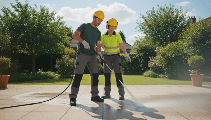 A professional male and female worker in safety gear, including goggles and gloves, are demonstrating safe pressure washing techniques in a residential backyard. The foreground shows the workers focused on using a pressure washer to clean a patio, showcasing their careful posture and attention to safety. In the middle, there is a well-maintained patio area with dirt and grime being blasted away, illustrating the effectiveness of pressure washing. The background features a lush garden with trees and a blue sky, creating a bright and inviting atmosphere. Soft sunlight illuminates the scene, enhancing details and creating dynamic shadows. The overall mood is one of responsibility and professionalism, highlighting the importance of safety measures while cleaning with a pressure washer. A professional male and female worker in safety gear, including goggles and gloves, are demonstrating safe pressure washing techniques in a residential backyard. The foreground shows the workers focused on using a pressure washer to clean a patio, showcasing their careful posture and attention to safety. In the middle, there is a well-maintained patio area with dirt and grime being blasted away, illustrating the effectiveness of pressure washing. The background features a lush garden with trees and a blue sky, creating a bright and inviting atmosphere. Soft sunlight illuminates the scene, enhancing details and creating dynamic shadows. The overall mood is one of responsibility and professionalism, highlighting the importance of safety measures while cleaning with a pressure washer.