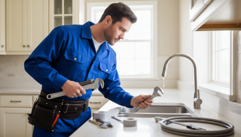 A professional plumber in a clean, well-lit kitchen examining a leaky faucet. The plumber, wearing a blue uniform and tool belt, is focused on the faucet, which is dripping water. Surrounding them are tools such as a wrench and plumber's tape placed neatly on the counter. In the background, a subtle view of domestic kitchen elements like cabinets and a sink enhances the setting. Soft, natural light streams through a nearby window, creating a warm and inviting atmosphere. The angle is slightly above eye level, capturing the plumber's concentration and the details of the faucet while emphasizing the importance of skilled help in plumbing repairs. A professional plumber in a clean, well-lit kitchen examining a leaky faucet. The plumber, wearing a blue uniform and tool belt, is focused on the faucet, which is dripping water. Surrounding them are tools such as a wrench and plumber's tape placed neatly on the counter. In the background, a subtle view of domestic kitchen elements like cabinets and a sink enhances the setting. Soft, natural light streams through a nearby window, creating a warm and inviting atmosphere. The angle is slightly above eye level, capturing the plumber's concentration and the details of the faucet while emphasizing the importance of skilled help in plumbing repairs.