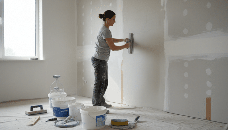 A professional tradesperson demonstrating wall smoothing techniques in a bright, well-lit room. In the foreground, the person, dressed in modest casual attire, holds a trowel against a freshly plastered wall, showcasing the process of gletovanje. The middle ground features various tools such as a sanding bloc, buckets of joint compound, and a sponge, creating an organized workspace. In the background, there are partially finished walls, hinting at the transition from rough surfaces to smooth finishes. The natural light from a nearby window casts soft shadows, enhancing the textures of the wall and tools. The mood conveys focus and diligence, reflecting the careful attention required for proper wall preparation. A professional tradesperson demonstrating wall smoothing techniques in a bright, well-lit room. In the foreground, the person, dressed in modest casual attire, holds a trowel against a freshly plastered wall, showcasing the process of gletovanje. The middle ground features various tools such as a sanding bloc, buckets of joint compound, and a sponge, creating an organized workspace. In the background, there are partially finished walls, hinting at the transition from rough surfaces to smooth finishes. The natural light from a nearby window casts soft shadows, enhancing the textures of the wall and tools. The mood conveys focus and diligence, reflecting the careful attention required for proper wall preparation.