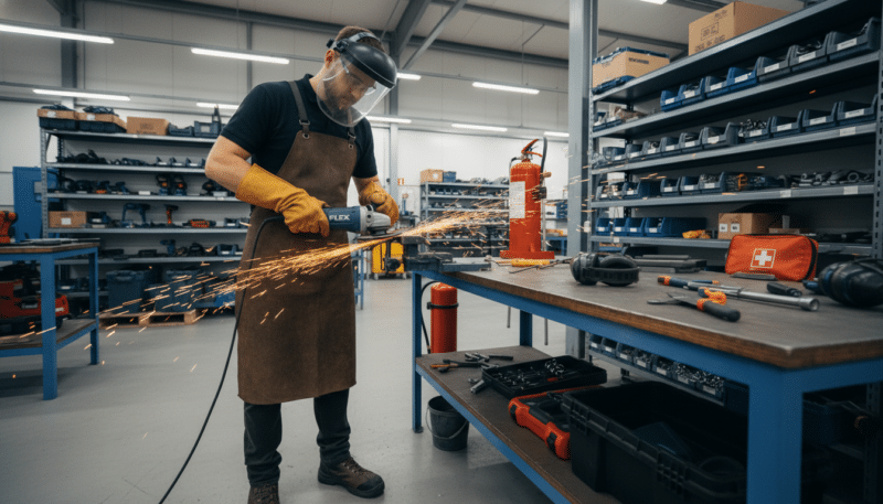 A professional workspace featuring a person in protective gear, including safety goggles and gloves, demonstrating safe operation of an angle grinder (Flex). In the foreground, the worker is using the tool on a metallic surface, sparks flying, emphasizing careful handling. The middle ground showcases organized tools and safety equipment like ear protection and a fire extinguisher, highlighting the importance of safety measures. The background reveals a well-lit workshop with industrial shelving, showcasing various tools and materials stored neatly. The lighting is bright, enhancing the atmosphere of diligence and safety, shot from a slightly elevated angle to capture the viewer’s attention. The overall mood conveys professionalism and adherence to safety protocols in a workshop environment. A professional workspace featuring a person in protective gear, including safety goggles and gloves, demonstrating safe operation of an angle grinder (Flex). In the foreground, the worker is using the tool on a metallic surface, sparks flying, emphasizing careful handling. The middle ground showcases organized tools and safety equipment like ear protection and a fire extinguisher, highlighting the importance of safety measures. The background reveals a well-lit workshop with industrial shelving, showcasing various tools and materials stored neatly. The lighting is bright, enhancing the atmosphere of diligence and safety, shot from a slightly elevated angle to capture the viewer’s attention. The overall mood conveys professionalism and adherence to safety protocols in a workshop environment.