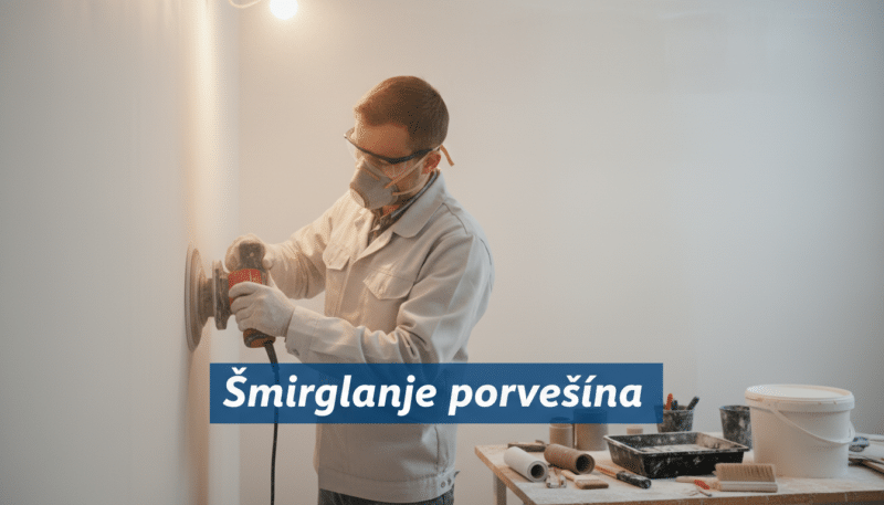 A skilled worker in professional attire meticulously sanding a smooth wall surface with an electric sander, showcasing the process of "Šmirglanje površina". The foreground features the worker focused on the task, with clear details of the sander, dust particles visibly floating in the air, reflecting soft overhead lighting. In the middle ground, a freshly gessoed wall awaits final treatment, emphasizing the importance of a smooth finish. The background includes tools such as sandpaper, brushes, and a paint bucket, arranged in a tidy workspace. The atmosphere is industrious yet calm, highlighting the precision and care involved in wall preparation for painting. The angle captures the action from slightly below eye level, adding depth to the composition. A skilled worker in professional attire meticulously sanding a smooth wall surface with an electric sander, showcasing the process of "Šmirglanje površina". The foreground features the worker focused on the task, with clear details of the sander, dust particles visibly floating in the air, reflecting soft overhead lighting. In the middle ground, a freshly gessoed wall awaits final treatment, emphasizing the importance of a smooth finish. The background includes tools such as sandpaper, brushes, and a paint bucket, arranged in a tidy workspace. The atmosphere is industrious yet calm, highlighting the precision and care involved in wall preparation for painting. The angle captures the action from slightly below eye level, adding depth to the composition.