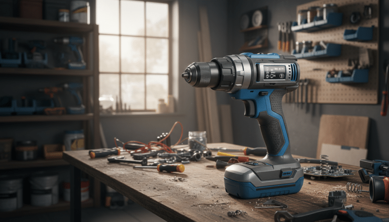 A sleek, ergonomic cordless drill positioned prominently in the foreground, showcasing its smooth contours and comfortable grip. The drill features a modern design, with a soft-touch handle and an intuitive control layout. The middle ground includes a workbench cluttered with various hand tools and spare parts, creating a realistic DIY atmosphere. In the background, a well-lit workshop setting with wooden shelves filled with tools and materials adds depth, subtly enhancing the focus on the drill. Soft, diffused lighting illuminates the drill, highlighting its innovative features while casting gentle shadows that add dimension. The overall mood is productive and inviting, emphasizing functionality and user-friendliness in home repairs. A sleek, ergonomic cordless drill positioned prominently in the foreground, showcasing its smooth contours and comfortable grip. The drill features a modern design, with a soft-touch handle and an intuitive control layout. The middle ground includes a workbench cluttered with various hand tools and spare parts, creating a realistic DIY atmosphere. In the background, a well-lit workshop setting with wooden shelves filled with tools and materials adds depth, subtly enhancing the focus on the drill. Soft, diffused lighting illuminates the drill, highlighting its innovative features while casting gentle shadows that add dimension. The overall mood is productive and inviting, emphasizing functionality and user-friendliness in home repairs.