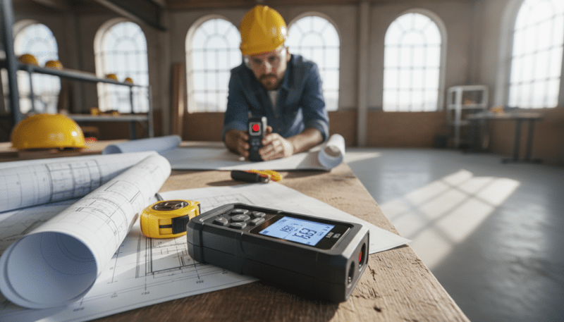 A sleek, modern laser distance measurer prominently displayed in the foreground, showcasing its digital screen and buttons. The device is set against a wooden construction workspace, surrounded by blueprints and measuring tape. In the middle ground, a soft-focus view shows a professional in a hard hat and safety goggles, examining plans while holding the laser measurer, emphasizing its practical application in construction. The background features a bright, airy workshop with natural light filtering through large windows, creating a productive atmosphere. The scene captures the precise, advanced technology of the laser measurer, highlighting its essential role in modern measurement techniques. The overall mood is focused and professional, conveying efficiency and reliability in construction projects. A sleek, modern laser distance measurer prominently displayed in the foreground, showcasing its digital screen and buttons. The device is set against a wooden construction workspace, surrounded by blueprints and measuring tape. In the middle ground, a soft-focus view shows a professional in a hard hat and safety goggles, examining plans while holding the laser measurer, emphasizing its practical application in construction. The background features a bright, airy workshop with natural light filtering through large windows, creating a productive atmosphere. The scene captures the precise, advanced technology of the laser measurer, highlighting its essential role in modern measurement techniques. The overall mood is focused and professional, conveying efficiency and reliability in construction projects.