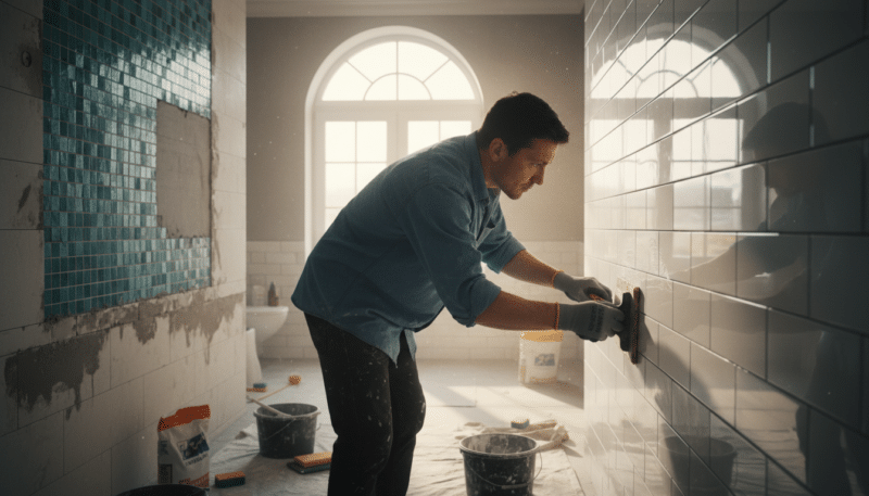 A well-lit bathroom workspace showing the process of grouting tiles. In the foreground, a professional tradesperson wearing a button-up shirt and work gloves is carefully applying grout to a recently tiled wall using a grout float. The middle ground features a partially completed tiled surface with various colors of grout, illustrating both fresh and dried sections, highlighting potential mistakes. In the background, soft natural light streams in through a window, illuminating the tiles, enhancing their textures and colors. The atmosphere is focused and diligent, conveying a sense of urgency about timing during the grouting process. The scene captures the essence of working on home improvement with attention to detail, creating a realistic and practical environment for the image. A well-lit bathroom workspace showing the process of grouting tiles. In the foreground, a professional tradesperson wearing a button-up shirt and work gloves is carefully applying grout to a recently tiled wall using a grout float. The middle ground features a partially completed tiled surface with various colors of grout, illustrating both fresh and dried sections, highlighting potential mistakes. In the background, soft natural light streams in through a window, illuminating the tiles, enhancing their textures and colors. The atmosphere is focused and diligent, conveying a sense of urgency about timing during the grouting process. The scene captures the essence of working on home improvement with attention to detail, creating a realistic and practical environment for the image.