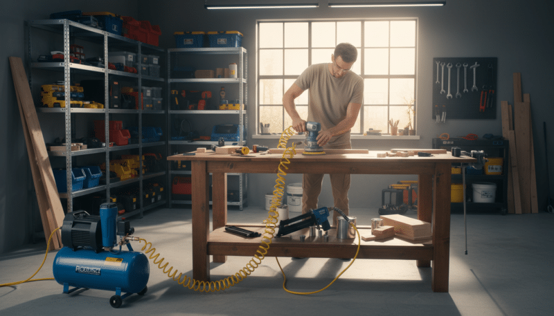 A well-lit home workshop featuring various pneumatic tools powered by a compressor, emphasizing their practical use in household tasks. In the foreground, show an air compressor with hoses leading to different pneumatic tools like a nail gun, spray painter, and impact wrench, illustrating their connections. In the middle, include a neatly organized workbench with tool accessories and project materials, along with a man in modest casual clothing, actively demonstrating the use of a pneumatic tool. In the background, display shelves filled with tools, organized and well-maintained, with natural light streaming in through a window. The overall atmosphere should be professional yet inviting, capturing the advantages of using a compressor in a home workshop setting. A well-lit home workshop featuring various pneumatic tools powered by a compressor, emphasizing their practical use in household tasks. In the foreground, show an air compressor with hoses leading to different pneumatic tools like a nail gun, spray painter, and impact wrench, illustrating their connections. In the middle, include a neatly organized workbench with tool accessories and project materials, along with a man in modest casual clothing, actively demonstrating the use of a pneumatic tool. In the background, display shelves filled with tools, organized and well-maintained, with natural light streaming in through a window. The overall atmosphere should be professional yet inviting, capturing the advantages of using a compressor in a home workshop setting.